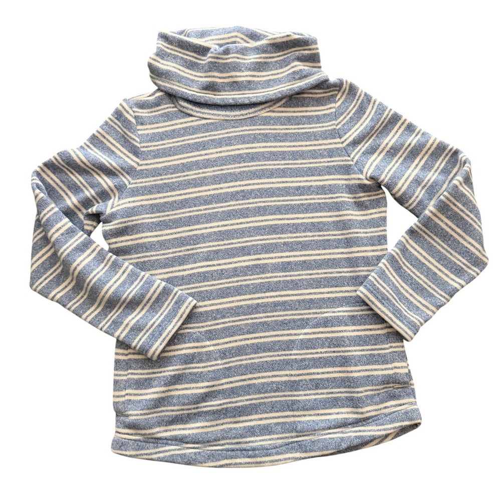 LL Bean Fleece Pullover Womens S Blue Striped Cowl Neck Pockets Coastal Outdoors